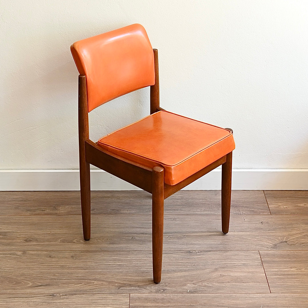 8x Mid Century Teak and Orange Vinyl Dining Chairs by Chiswell