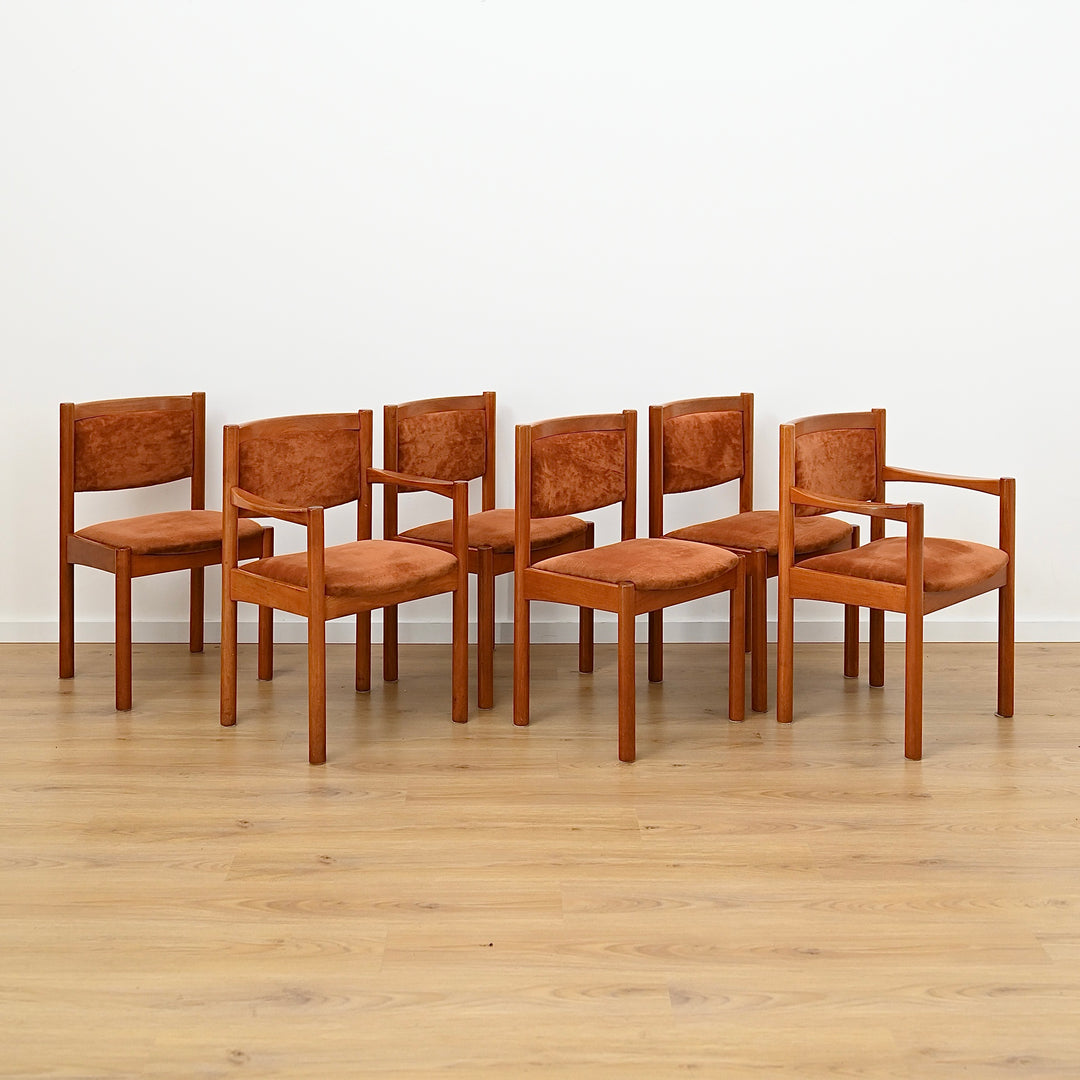 6x Mid Century Teak Dining Chairs by Chiswell with Burnt Orange Upholstery