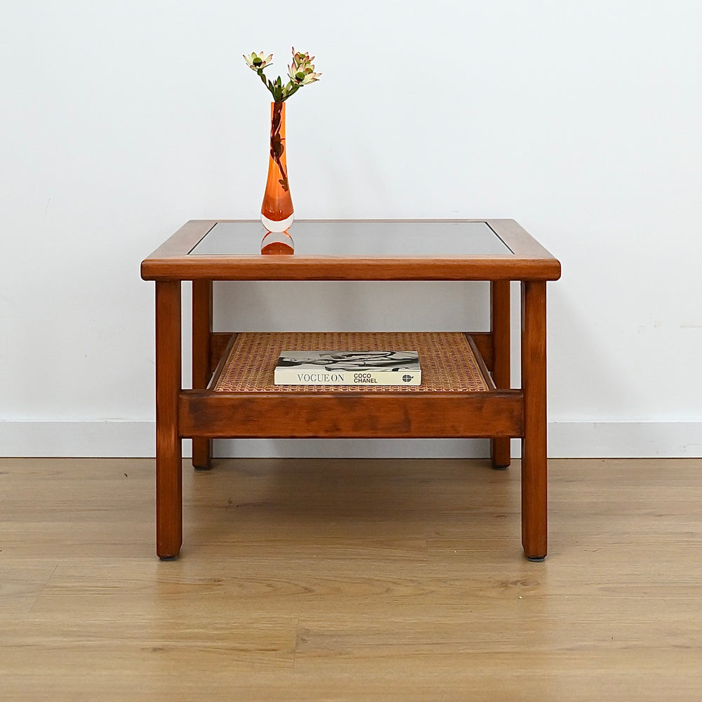 Mid Century Teak Glass Square Coffee Table with Rattan Magazine Shelf