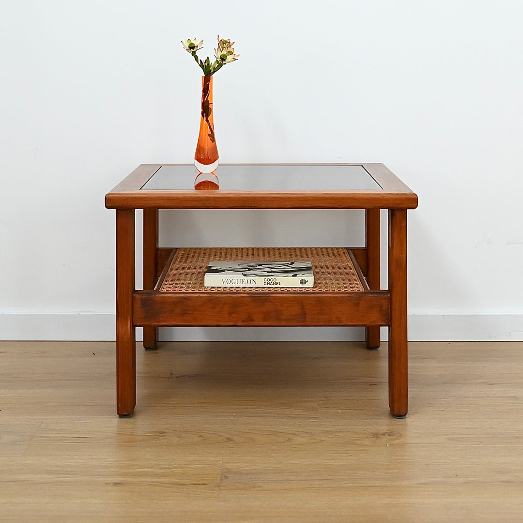 Mid Century Teak Glass Square Coffee Table with Rattan Magazine Shelf