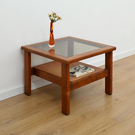 Mid Century Teak Glass Square Coffee Table with Rattan Magazine Shelf