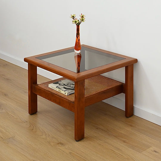 Mid Century Teak Glass Square Coffee Table with Rattan Magazine Shelf