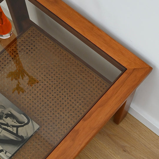 Mid Century Teak Glass Square Coffee Table with Rattan Magazine Shelf