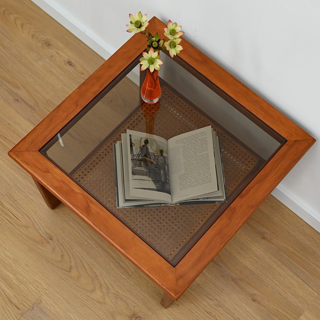 Mid Century Teak Glass Square Coffee Table with Rattan Magazine Shelf