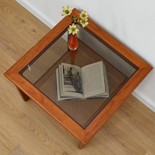 Mid Century Teak Glass Square Coffee Table with Rattan Magazine Shelf