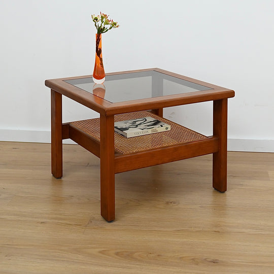 Mid Century Teak Glass Square Coffee Table with Rattan Magazine Shelf
