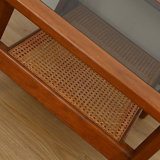 Mid Century Teak Glass Square Coffee Table with Rattan Magazine Shelf