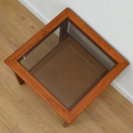 Mid Century Teak Glass Square Coffee Table with Rattan Magazine Shelf