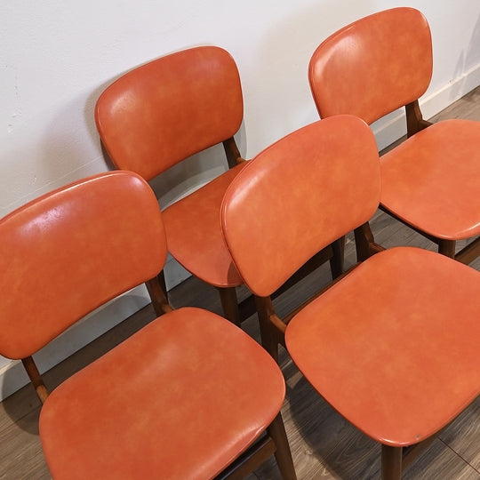 4x Mid Century Teak Orange Vinyl Dining Chairs by Elite