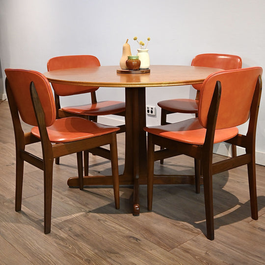 4x Mid Century Teak Orange Vinyl Dining Chairs by Elite