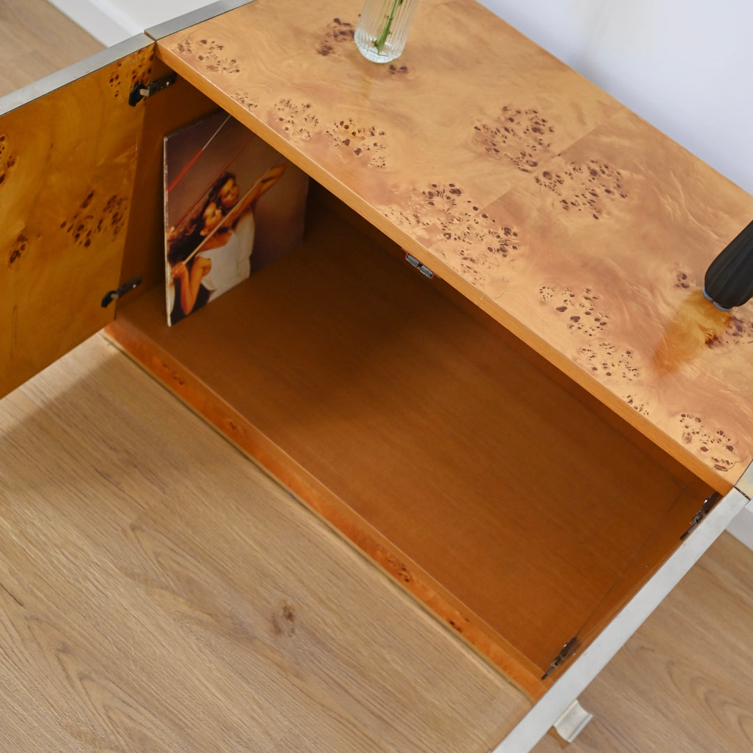 1970s Italian Burl Wood record cabinet storage unit