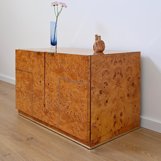 1970s Italian Burl Wood record cabinet storage unit