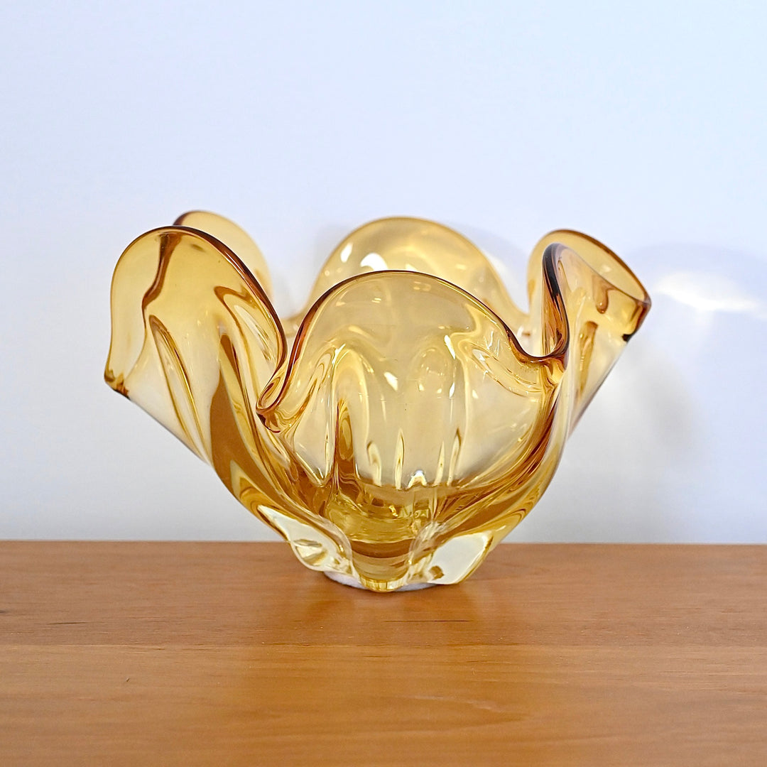 Mid Century Art Glass Vase Handkerchief Bowl Pair