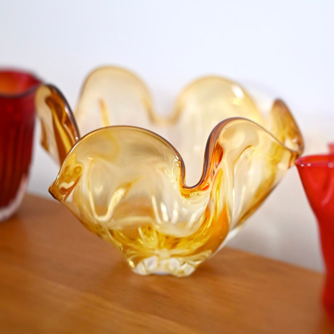 Mid Century Art Glass Vase Handkerchief Bowl Pair