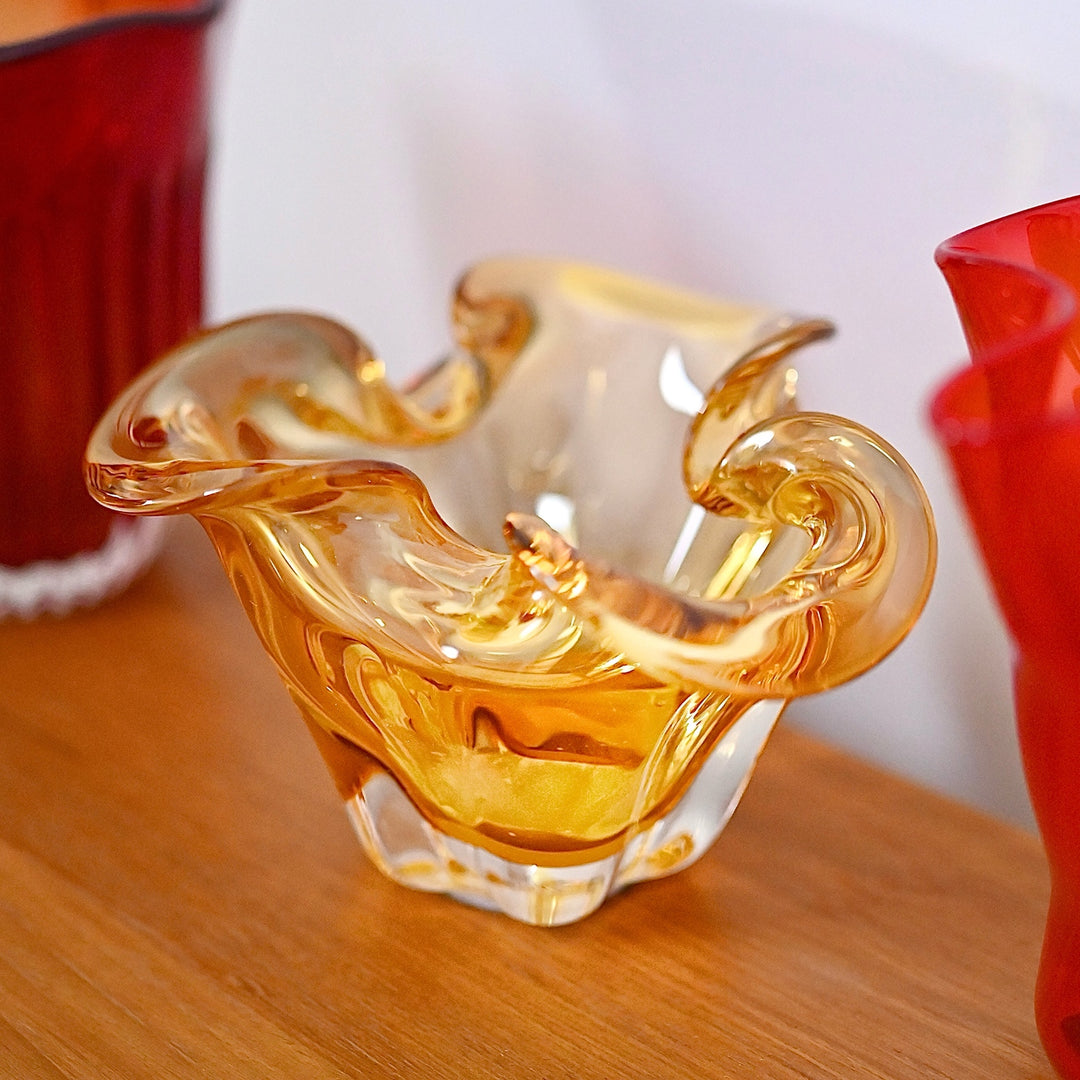 Mid Century Art Glass Vase Handkerchief Bowl Pair