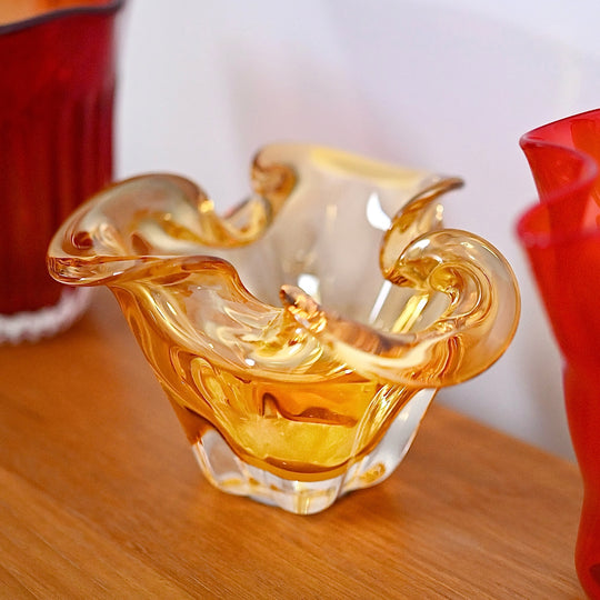 Mid Century Art Glass Vase Handkerchief Bowl Pair