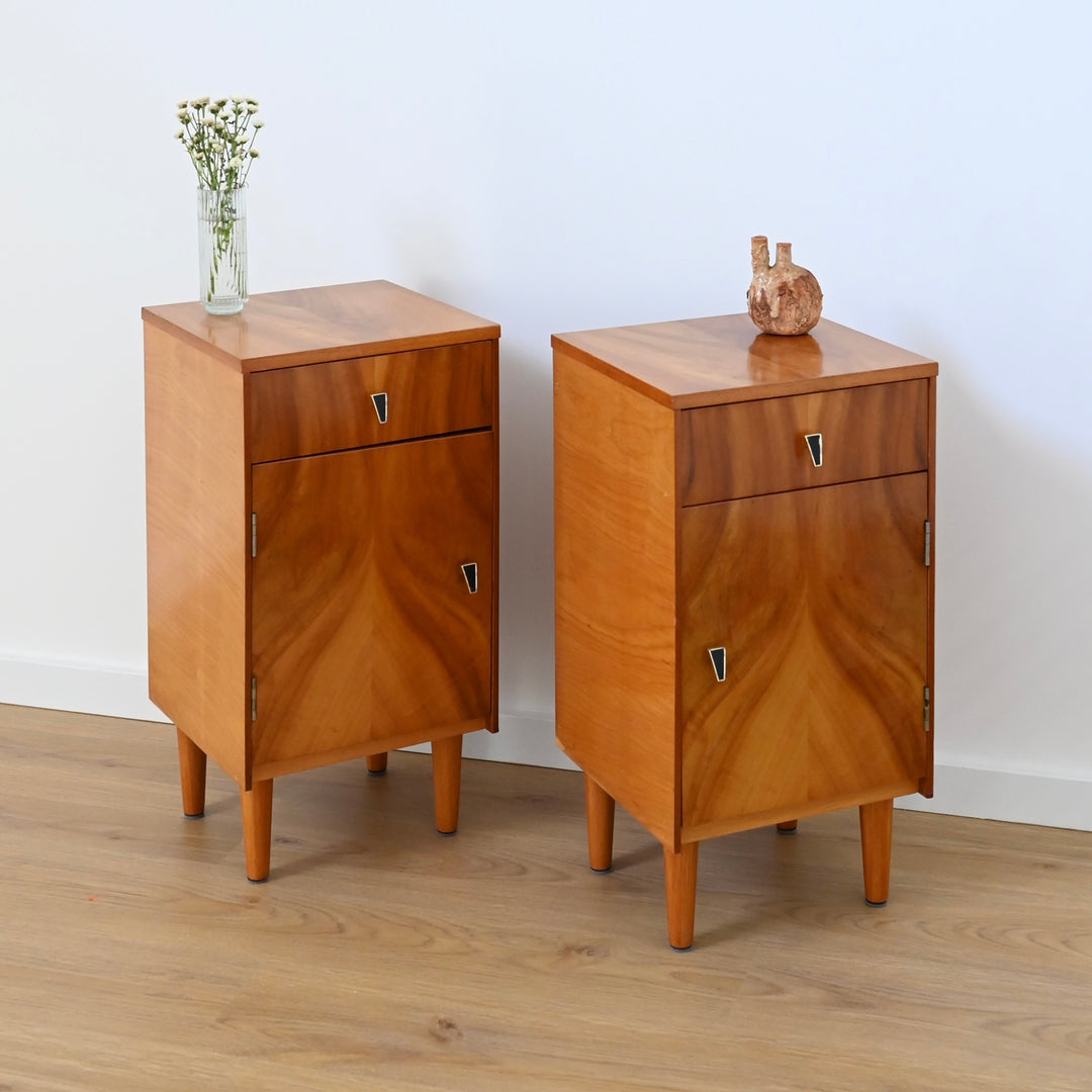 Pair of Mid Century Burl Wood Bedside Tables