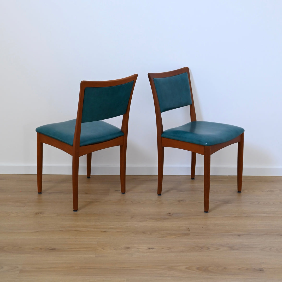 6x Mid Century Teak Black Vinyl Dining Chairs by Chiswell