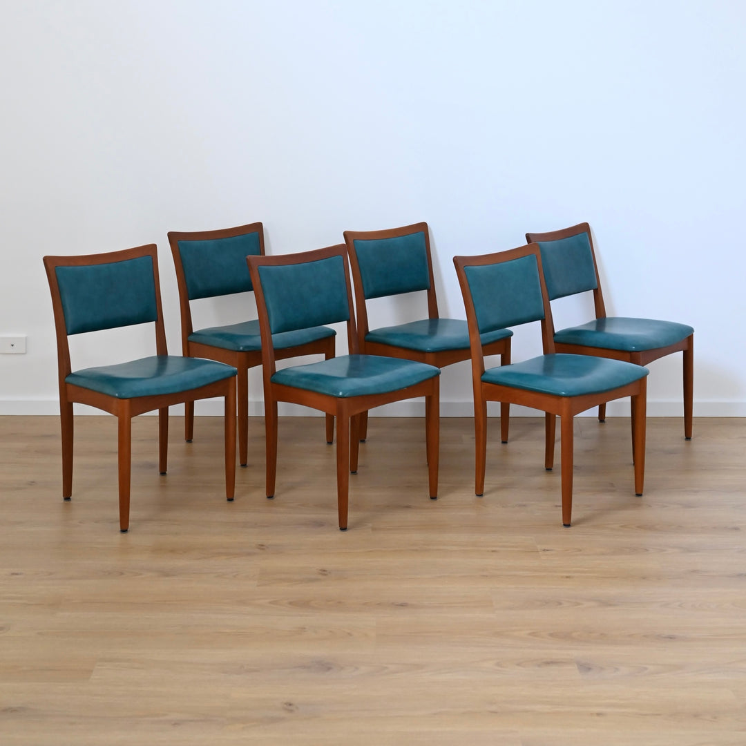 6x Mid Century Teak Black Vinyl Dining Chairs by Chiswell