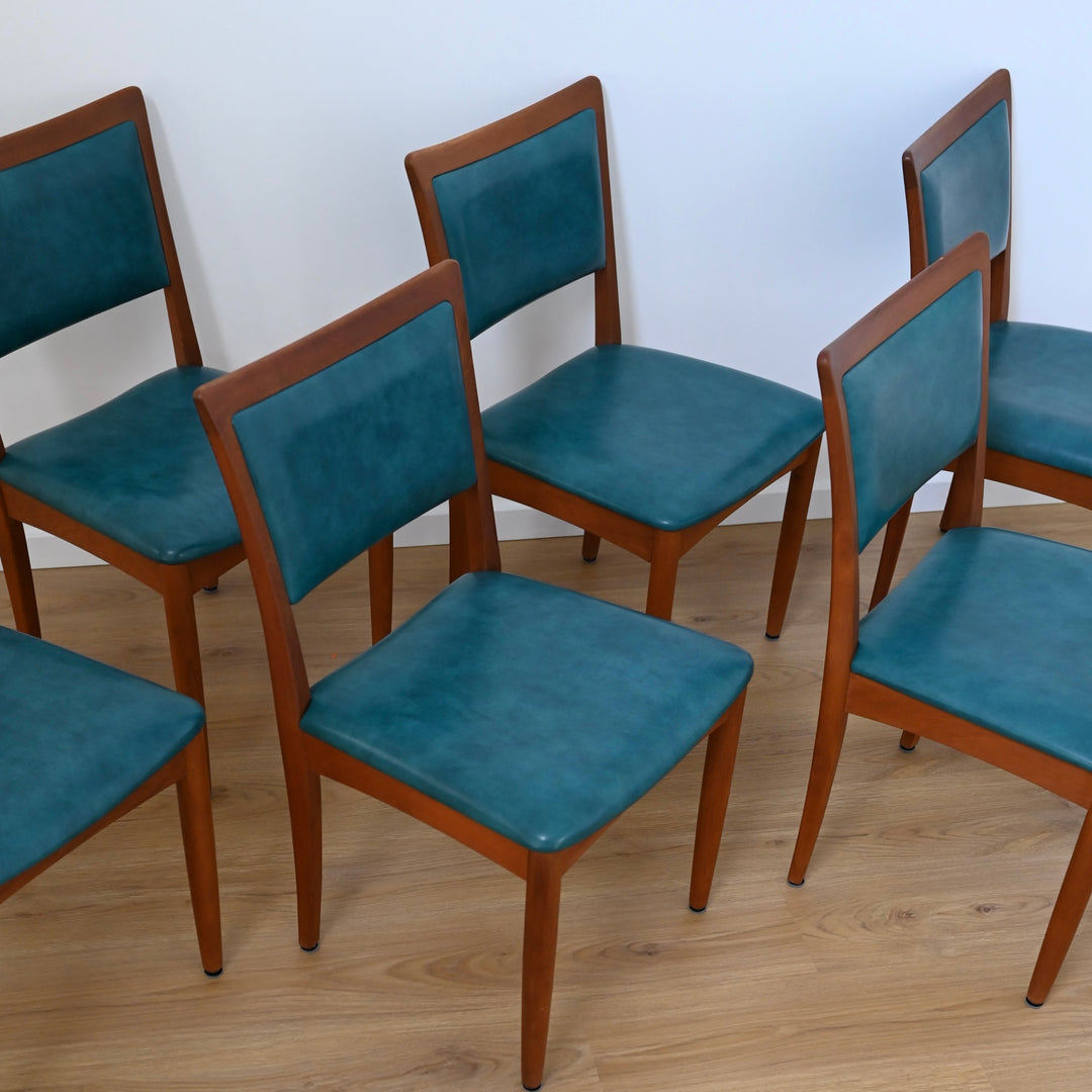 6x Mid Century Teak Dining Chairs by Chiswell with Teal Upholstery