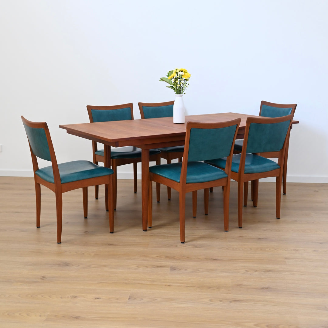 6x Mid Century Teak Dining Chairs by Chiswell with Teal Upholstery