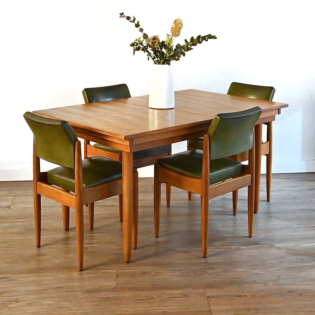 6x Mid Century Teak Green Vinyl Dining Chairs by Chiswell
