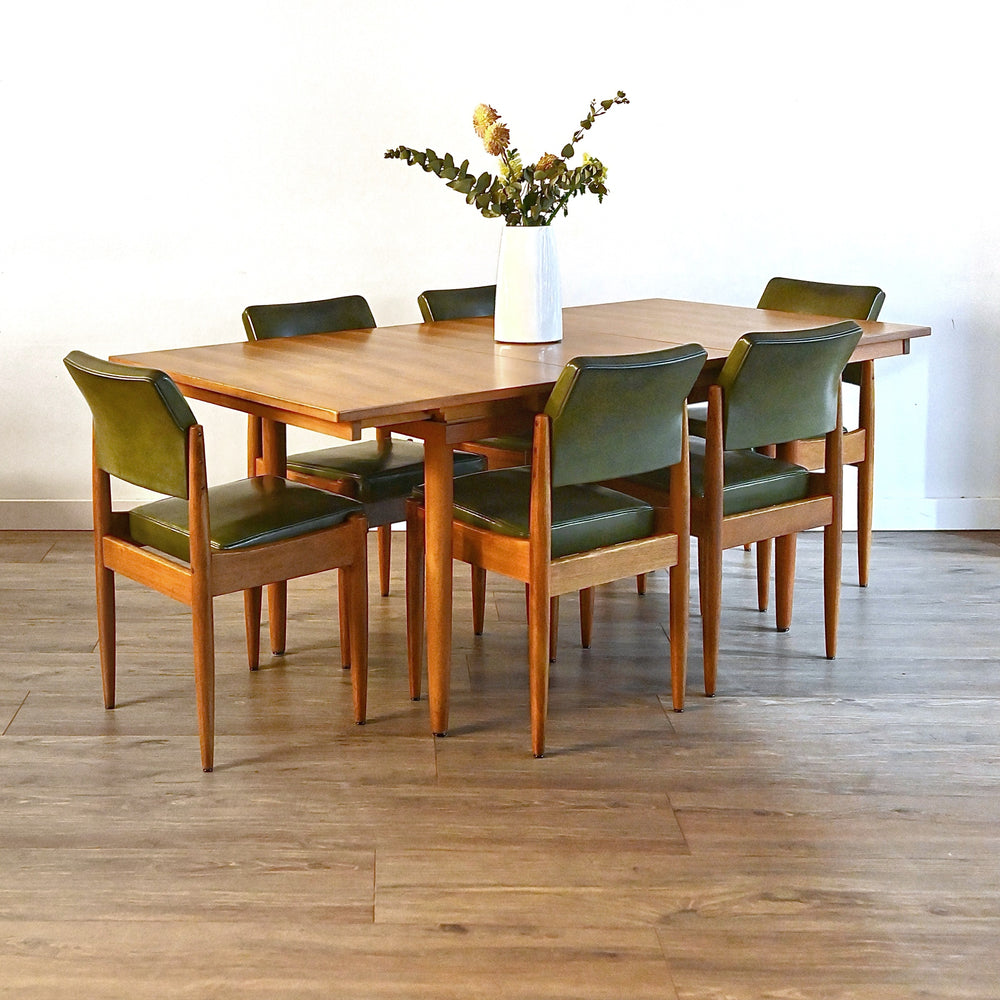 6x Mid Century Teak Green Vinyl Dining Chairs by Chiswell