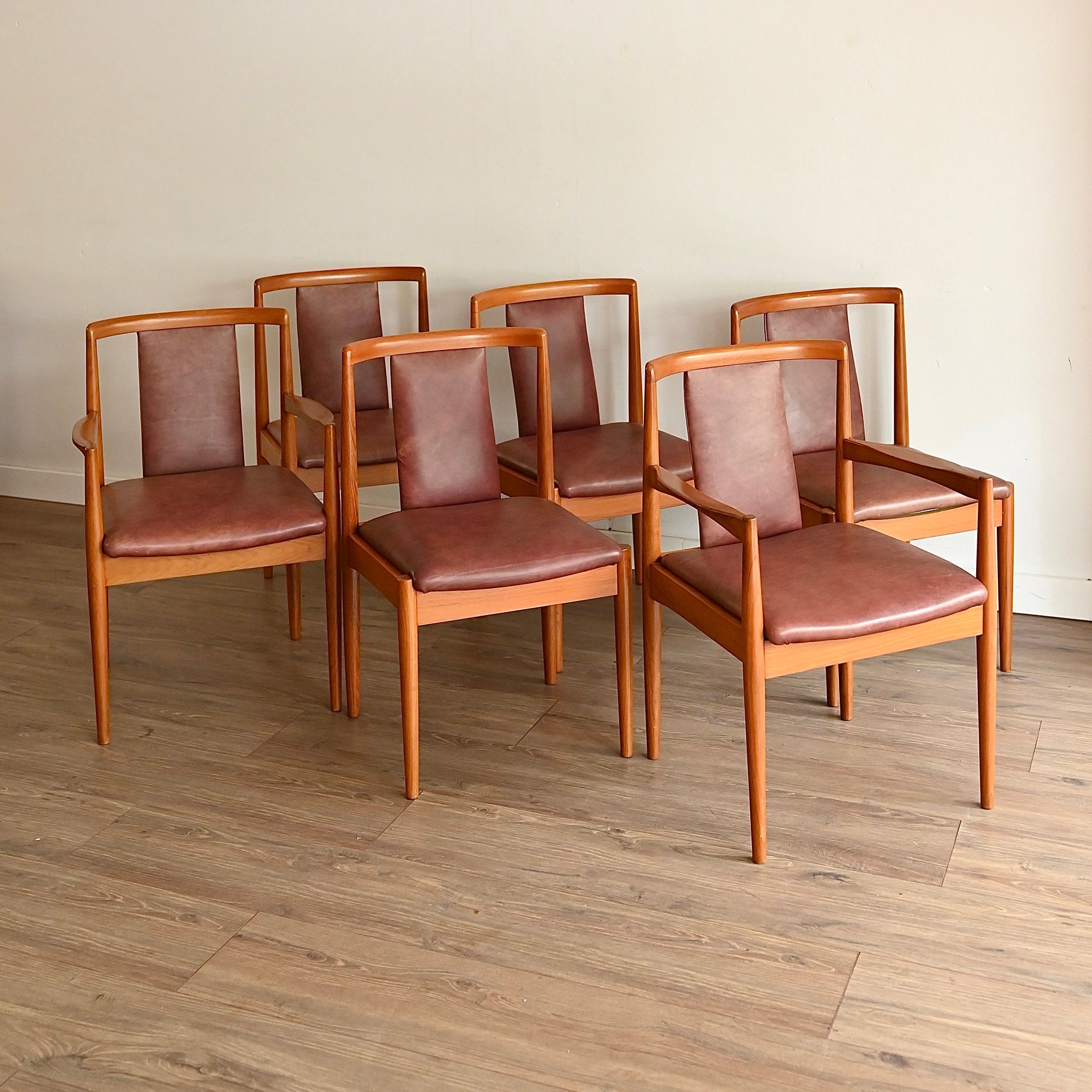 6x Parker Mid Century Teak Leather Dining Chairs – retro bay