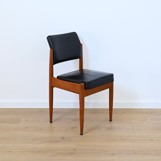 6x Mid Century Teak Black Vinyl Dining Chairs by Chiswell
