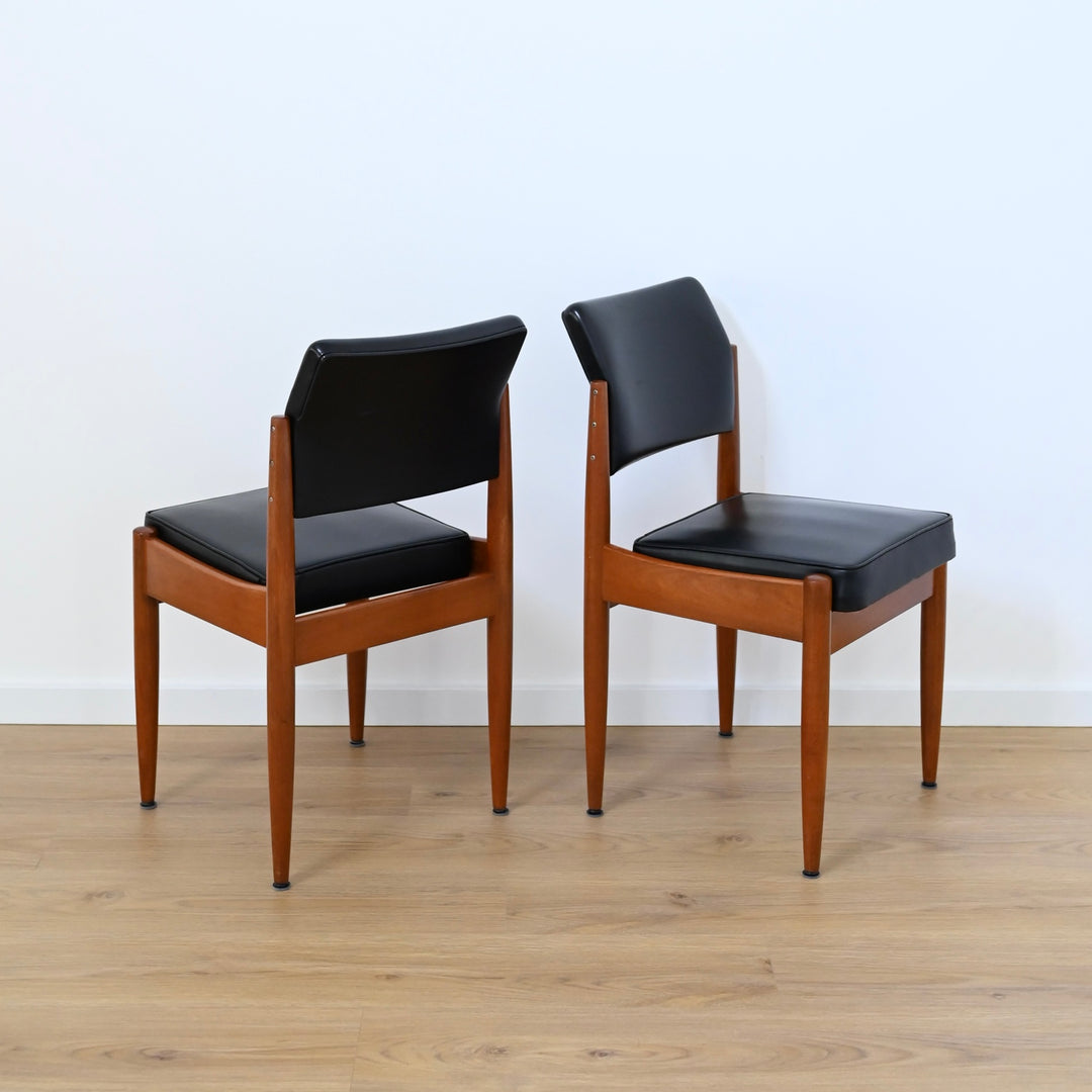 6x Mid Century Teak Black Vinyl Dining Chairs by Chiswell