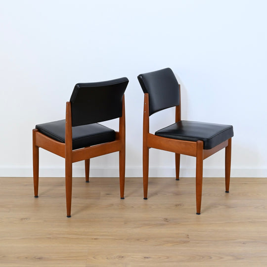 6x Mid Century Teak Black Vinyl Dining Chairs by Chiswell