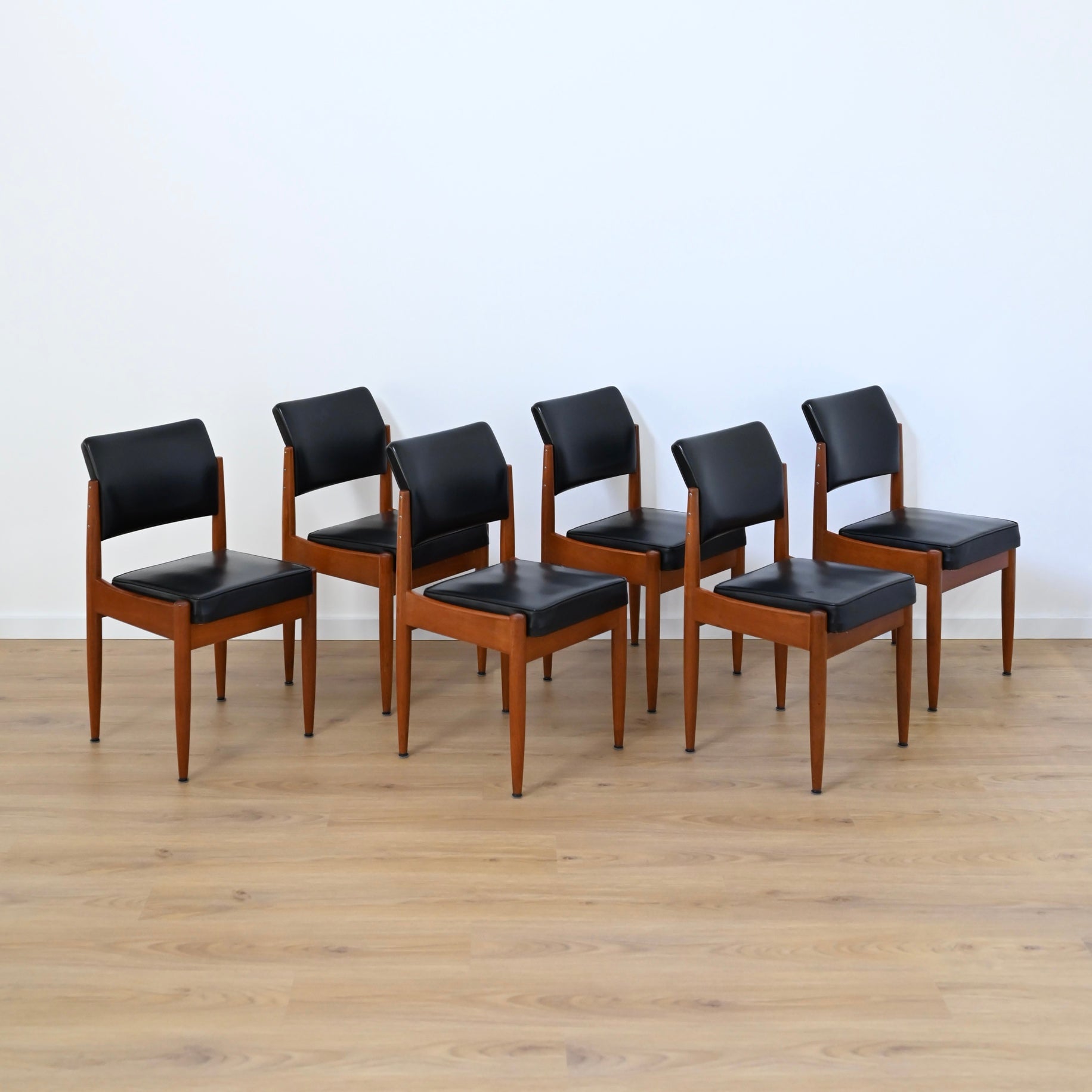6x Mid Century Teak Black Vinyl Dining Chairs by Chiswell