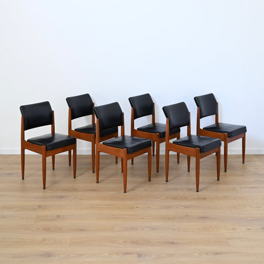6x Mid Century Teak Black Vinyl Dining Chairs by Chiswell