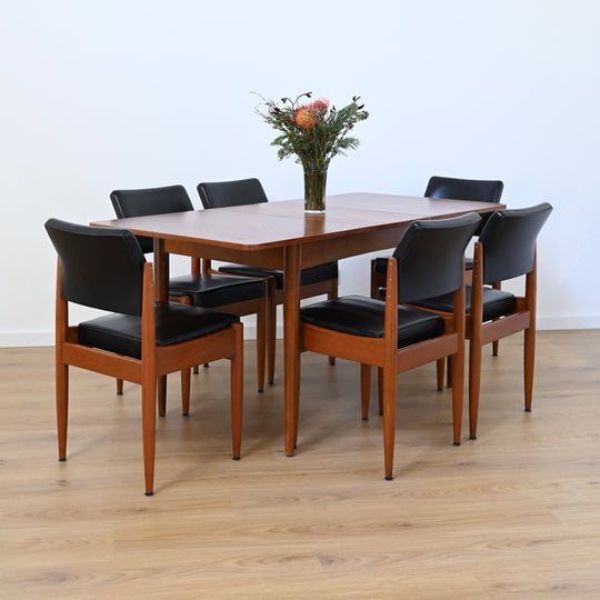 6x Mid Century Teak Black Vinyl Dining Chairs by Chiswell