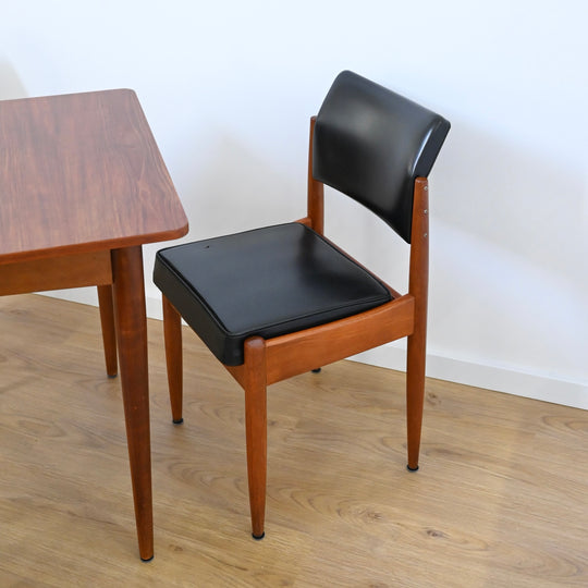 6x Mid Century Teak Black Vinyl Dining Chairs by Chiswell