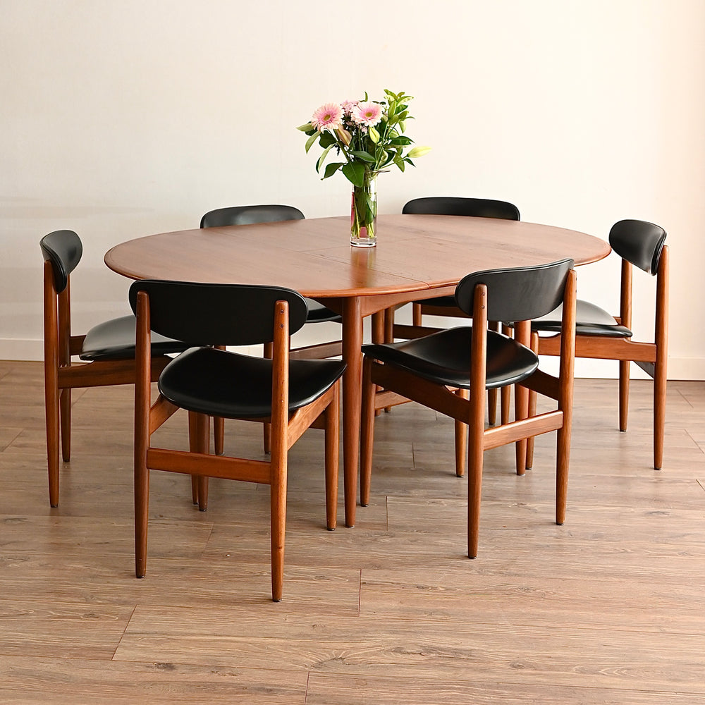 6x Mid Century Teak Black Vinyl Dining Chairs by Elite