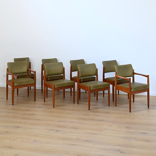 8 x Mid Century Teak Green Vinyl Dining Chairs by Chiswell