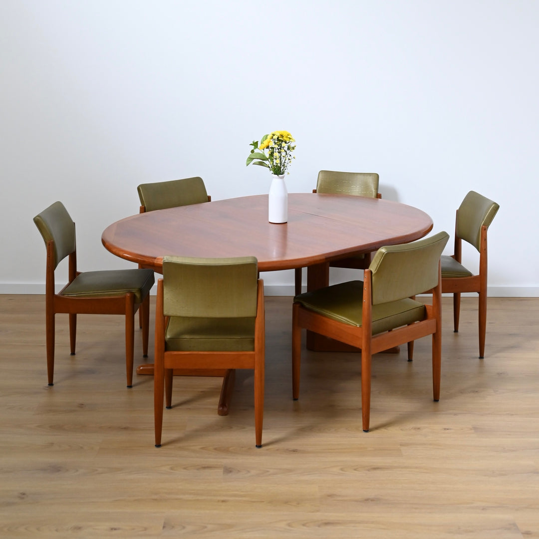 8 x Mid Century Teak Green Vinyl Dining Chairs by Chiswell