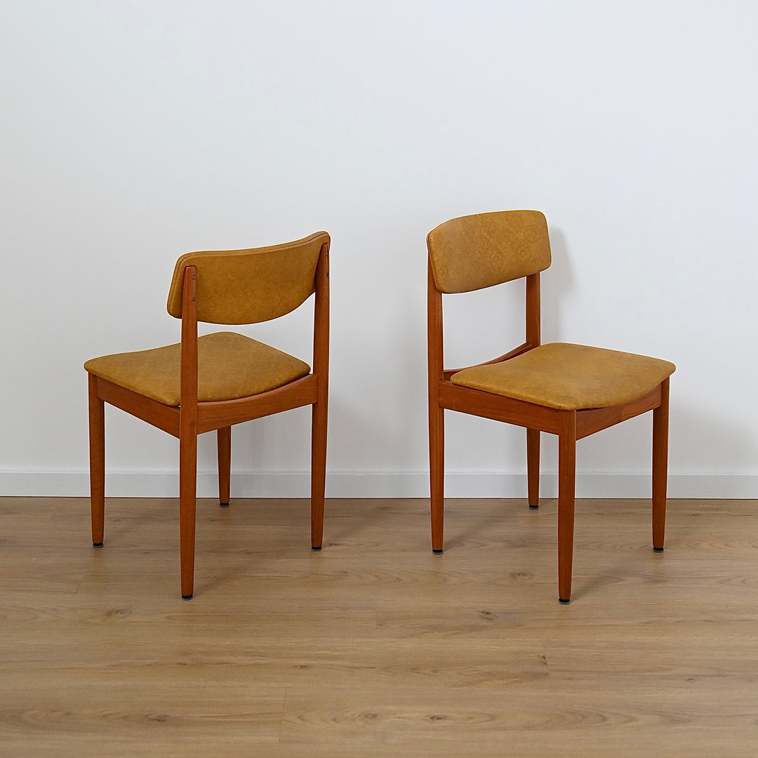 Mid Century Teak and Mustard Vinyl Dining Chairs by Chiswell x4