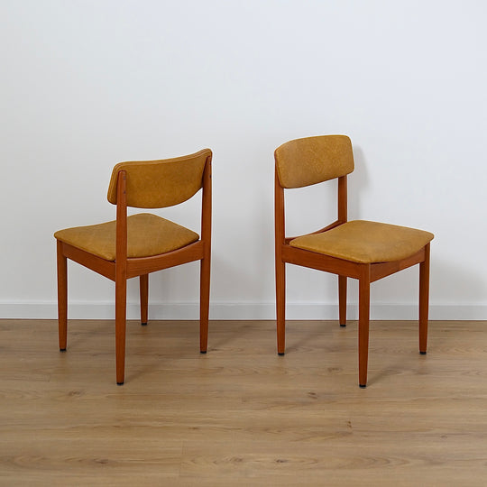Mid Century Teak and Mustard Vinyl Dining Chairs by Chiswell x4