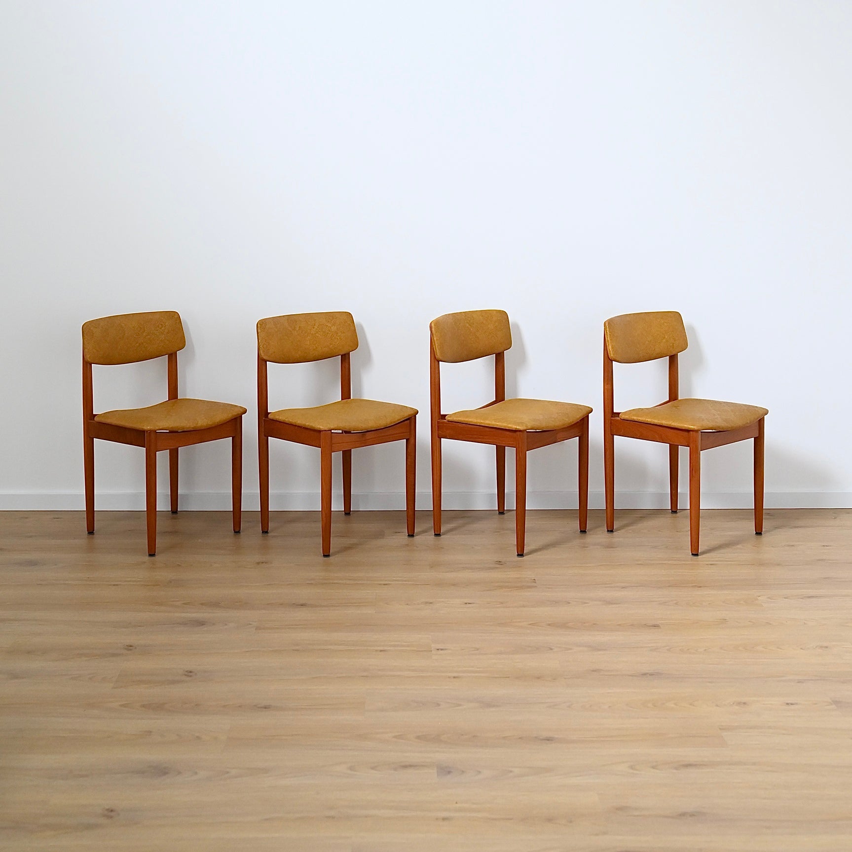Mid Century Teak and Mustard Vinyl Dining Chairs by Chiswell x4