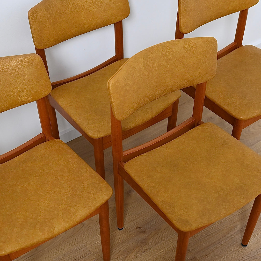 Mid Century Teak and Mustard Vinyl Dining Chairs by Chiswell x4
