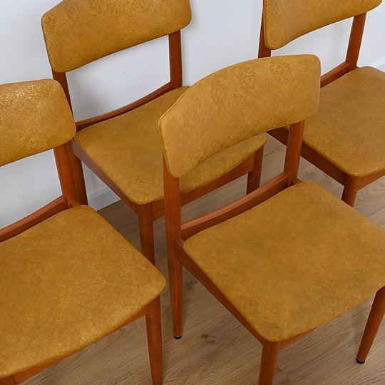Mid Century Teak and Mustard Vinyl Dining Chairs by Chiswell x4