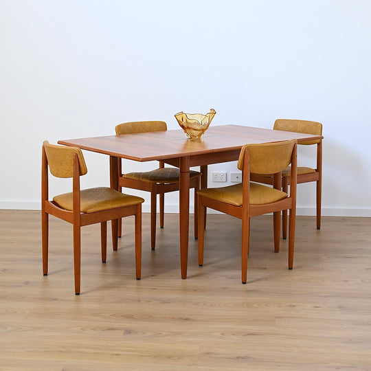 Mid Century Teak and Mustard Vinyl Dining Chairs by Chiswell x4
