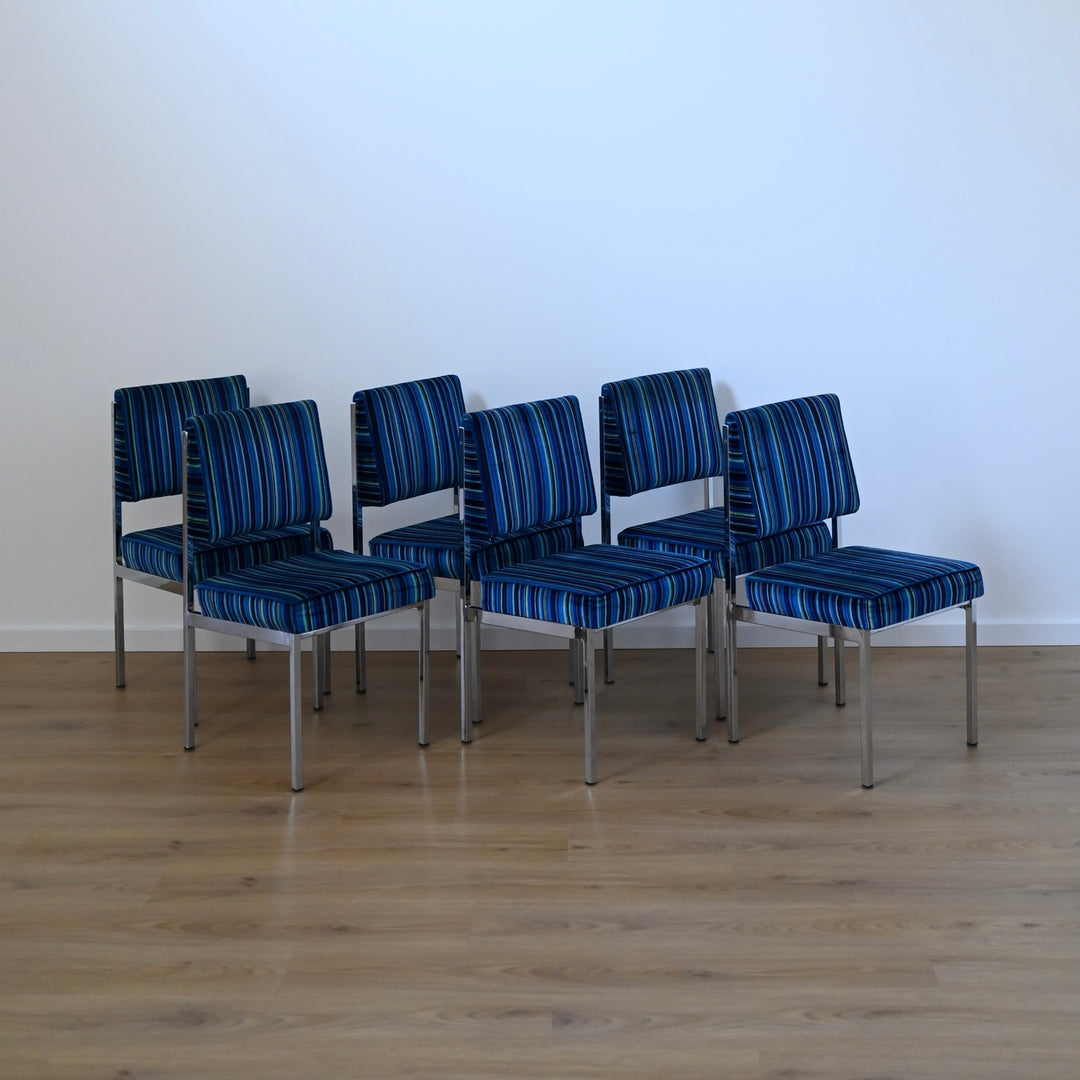 Mid Century Retro Blue Striped Velvet and Chrome Dining Set by ULTRA