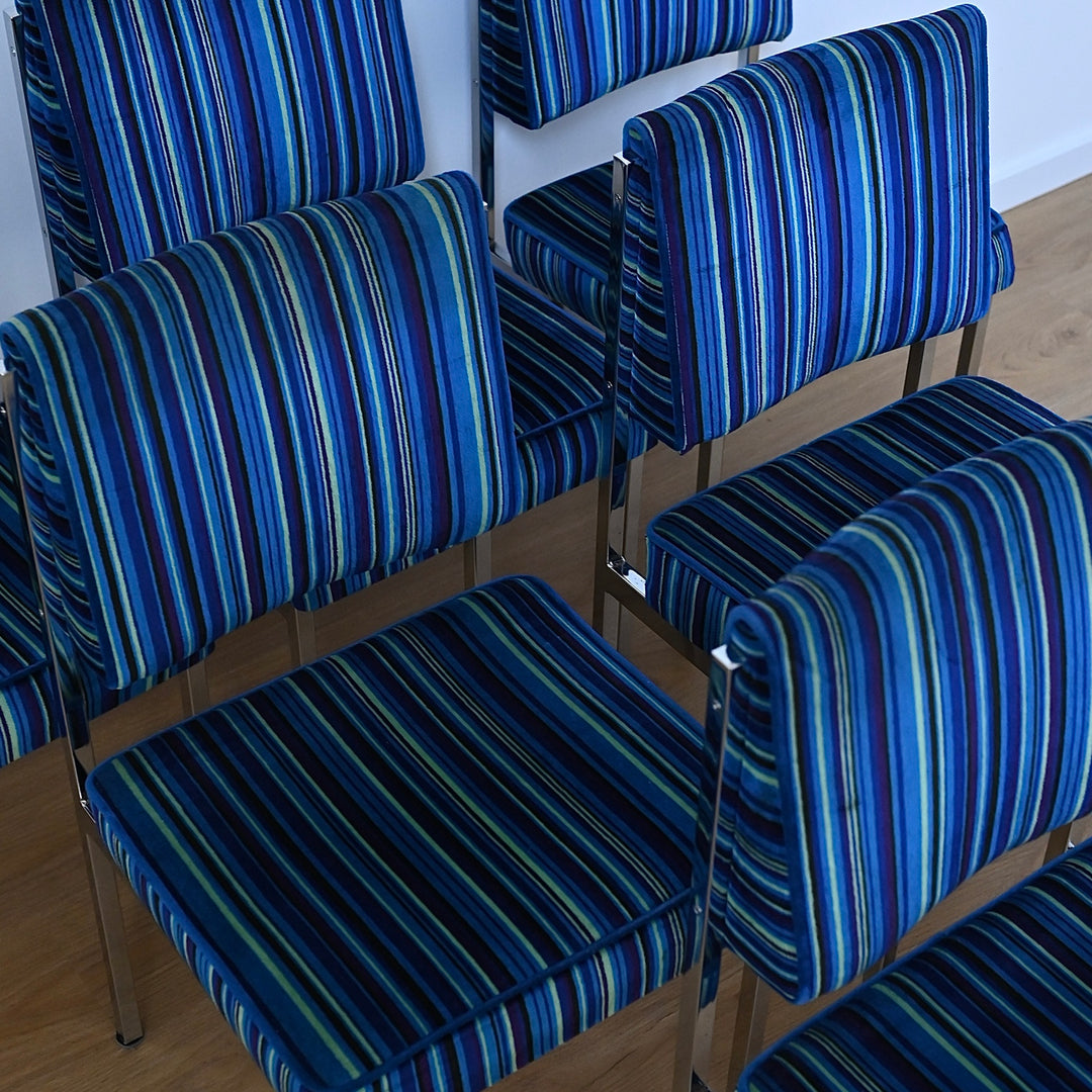 Mid Century Retro Blue Striped Velvet and Chrome Dining Set by ULTRA