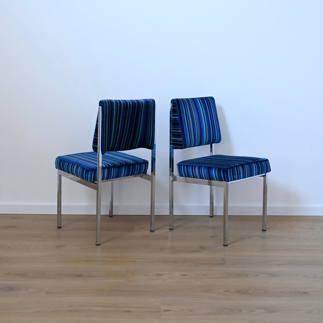 Mid Century Retro Blue Striped Velvet and Chrome Dining Set by ULTRA