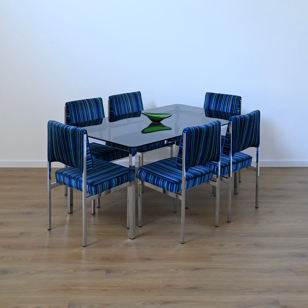 Mid Century Retro Blue Striped Velvet and Chrome Dining Set by ULTRA
