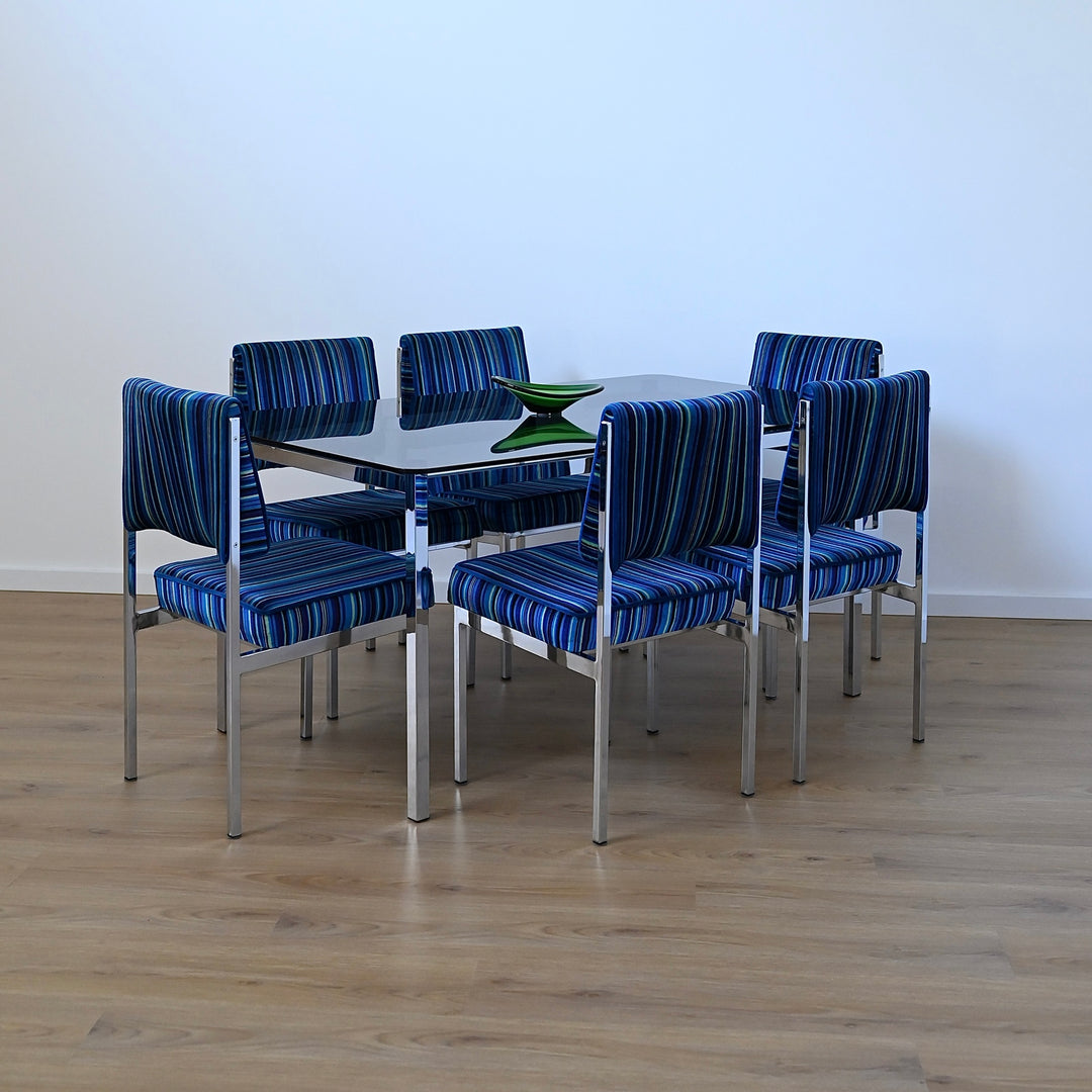 Mid Century Retro Blue Striped Velvet and Chrome Dining Set by ULTRA
