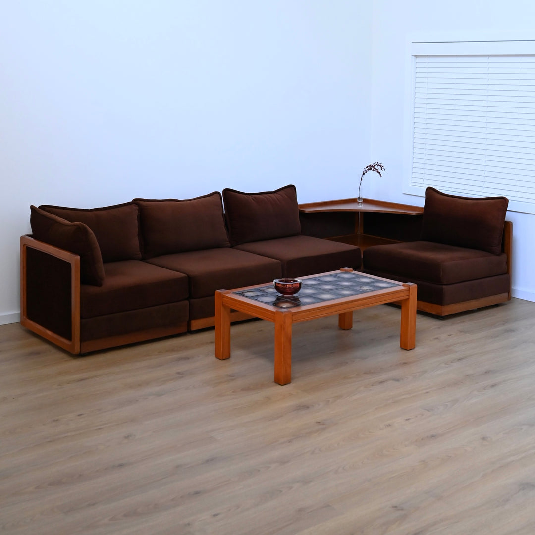Mid Century Teak and Brown Velvet Modular 'Checkers' Playpen Sofa